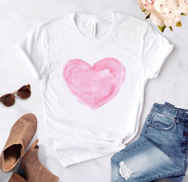 Love Heart Print T-Shirts For Women Clothing Round Neck Casual Top Clothes Short Sleeve Versatile Graphic Printed Fashion Shirts
