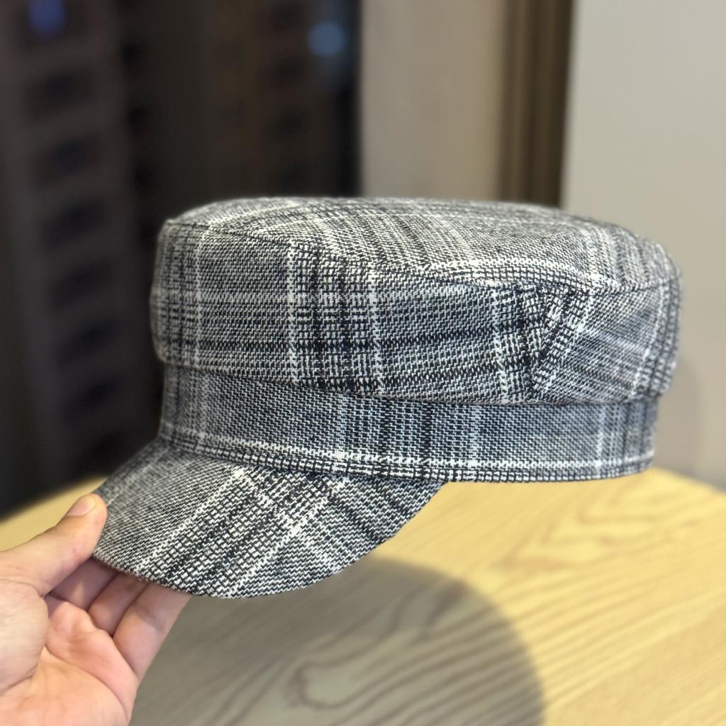 Korean Style Simple Octagonal Hat for Women  Fashionable and Versatile Flat Top Peaked Hat Spring and Autumn New Retro Houndstooth Plaid Painter's Hat