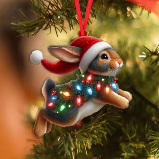 Christmas Ornament Flat 2D Acrylic Lion Wearing Santa Hat Charm Christmas Hanging Ornament with Rope
