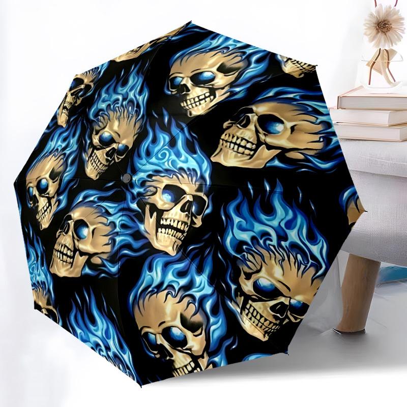 1pc Skulls Flames Automatic Folding Umbrella, Sturdy And Durable Automatic Folding Umbrella with 8 Ribs, Convenient for Outdoor Use063