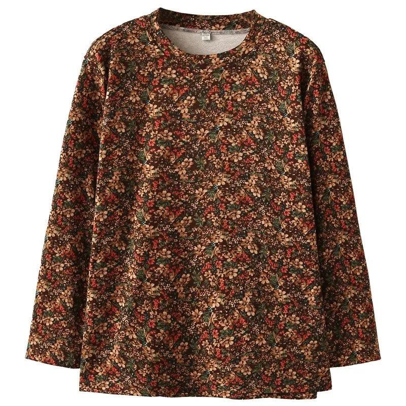 Middle-aged and Elderly Women's Spring and Autumn New Floral Long-sleeved Bottoming Shirt Tops