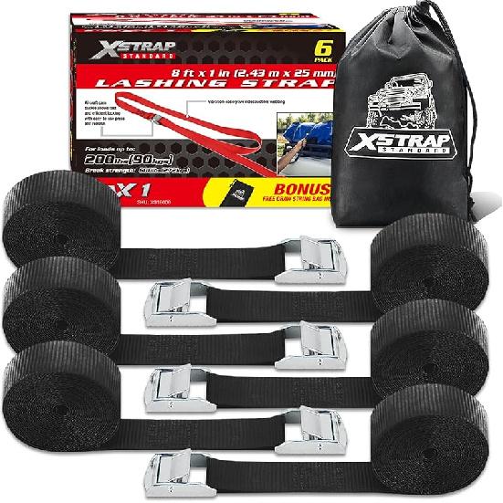 XSTRAP STANDARD Padded Cam Lock Buckle 6PK 8FT Powersports Tie-Downs Black Lashing Straps, Come With A Drawstring Bag, For Securing Cargo, Luggage,