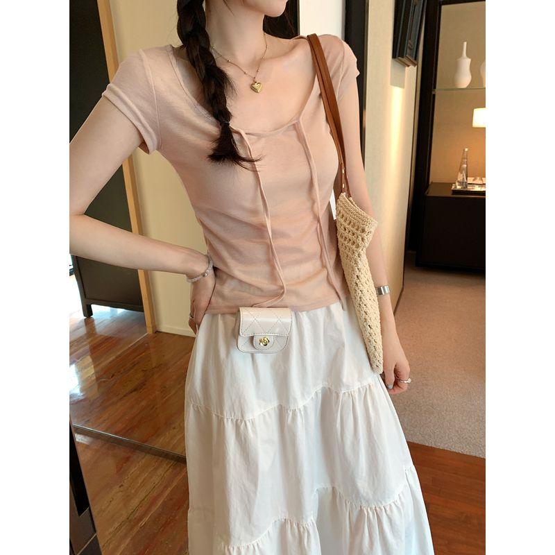 Kumikumi Design Lace-up Hollow Temperament Short sleeve T-shirt Women Summer Thin Slimming Solid Versatile Top