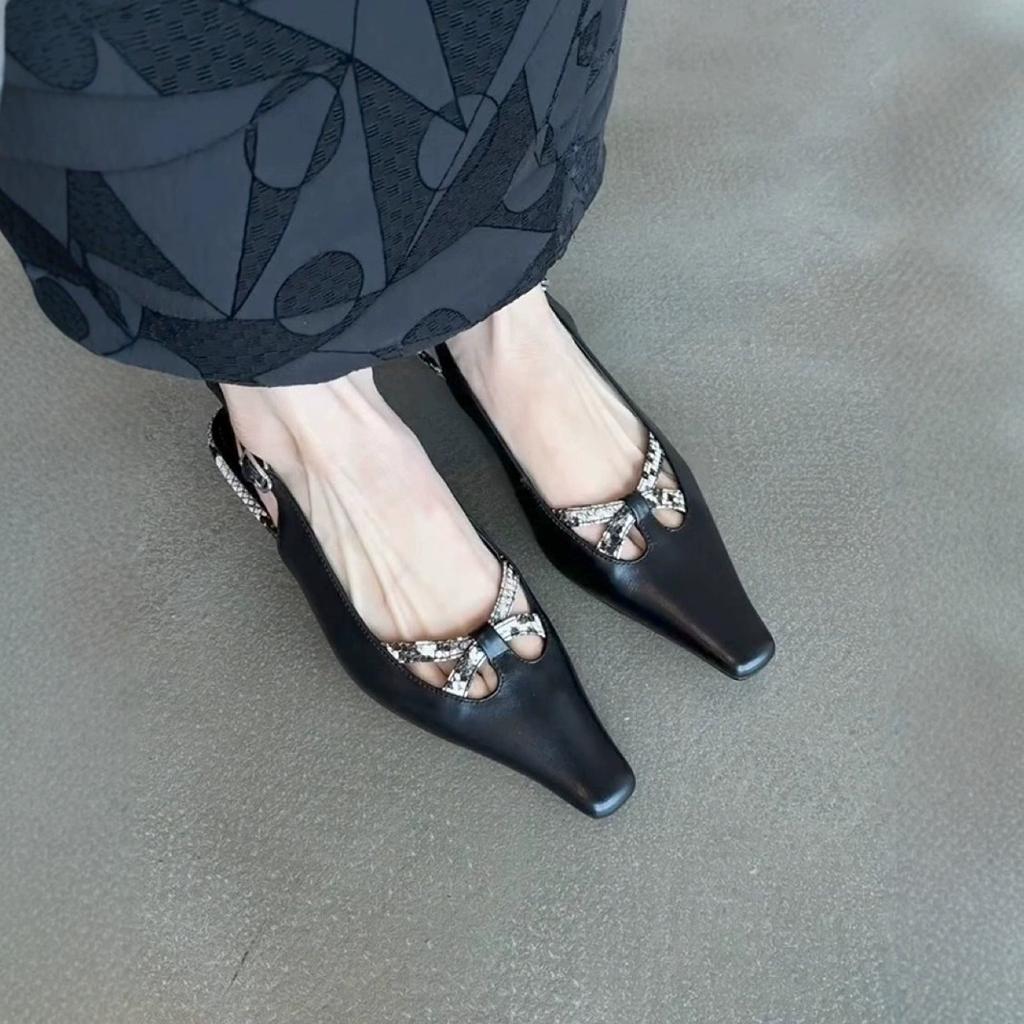 Sheepskin version~ Square head hollow design kitten heel sandals women's French temperament bag head one-word buckle belt low heel shoes