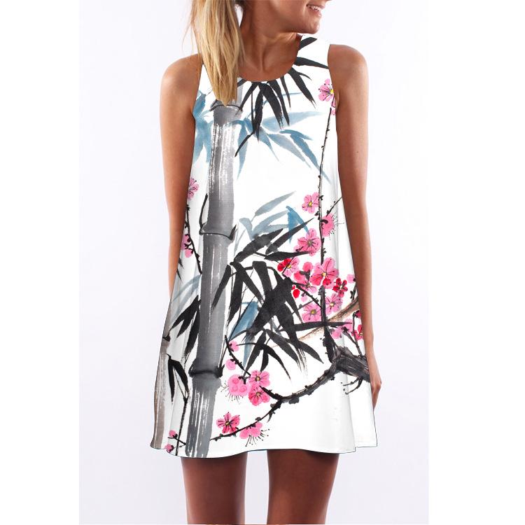 European Station European and American New Retro Digital Printing Round Neck Hot-selling Off-the-shoulder Medium and Long Vest Dress