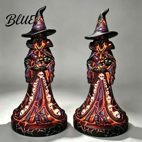 Hand Carved Resin Craft Lighted Witch Figurine Holding Black Cat Statue Gothic Stable Base Figurine Sculpture with LED Lights for Halloween