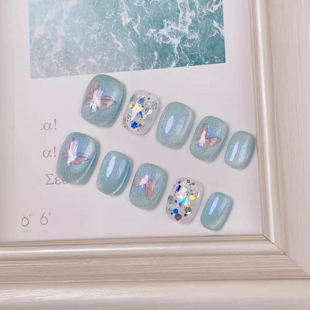 10 Pcs Handmade Cat Eye Blue Polka Dot Press On Nails Full Cover Fake Nails Stick On False Nail Tips