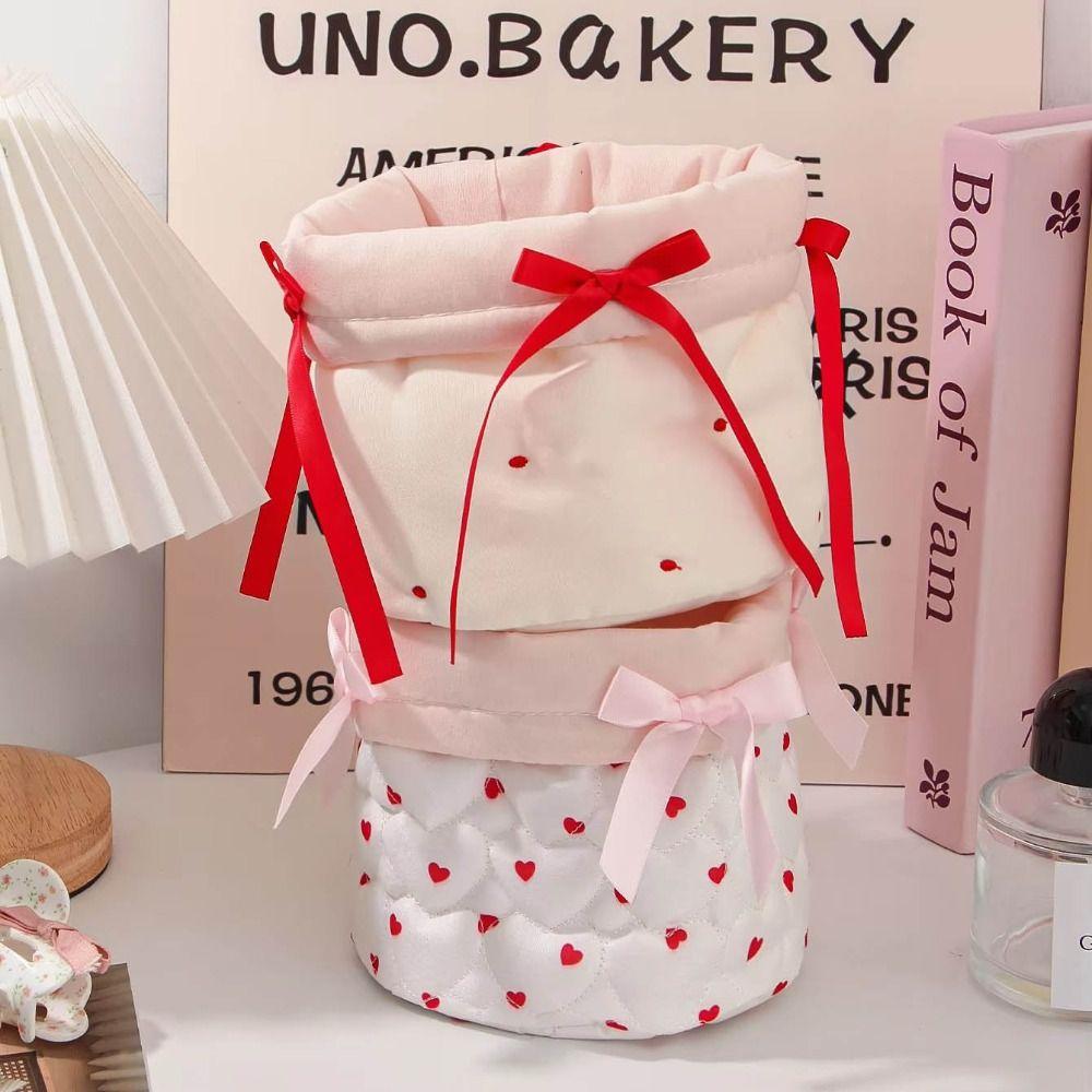 Cute Love Storage Box Quilting Cotton Round Desktop Storage Basket High-capacity Cartoon Storage Frame Home Decoration