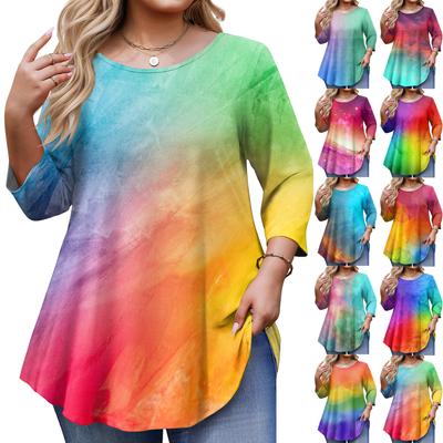 Damska Stylowa Bluzka Plus Size z Rękawem 3/4, Zaokrąglonym Dołem i Okrągłym Dekoltem