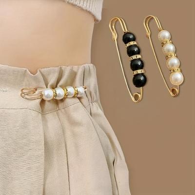 Ladies Adjustable Beaded Waist Belt - Black and White Imitation Pearl with Gold Spacer Buckle for Pants, Dresses, Pants - Waist Pins, Shirt Pins