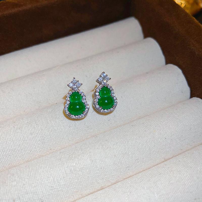 New Chinese small zircon green gourd silver needle earrings Chinese style simple niche high-end earrings