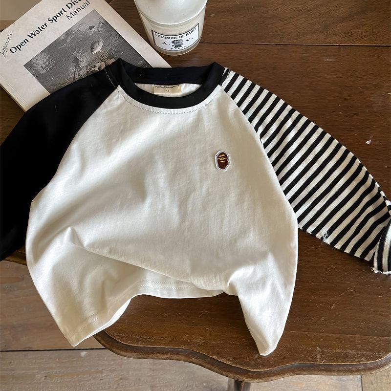 

Детская полосатая футболка из чистого хлопка, нижняя рубашка с длинными рукавами, весенний детский топ в корейском стиле с цветными блоками для мальчиков и девочек 80cm