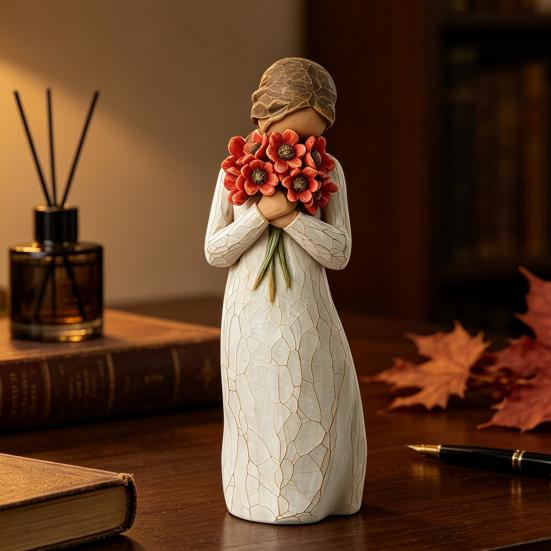 Hand Carved Portrait Sculpture Girl Holding Bouquet Resin Figurine, Faceless Lady Statue, Romantic Desktop Ornament for Cream Style Room Decor Living