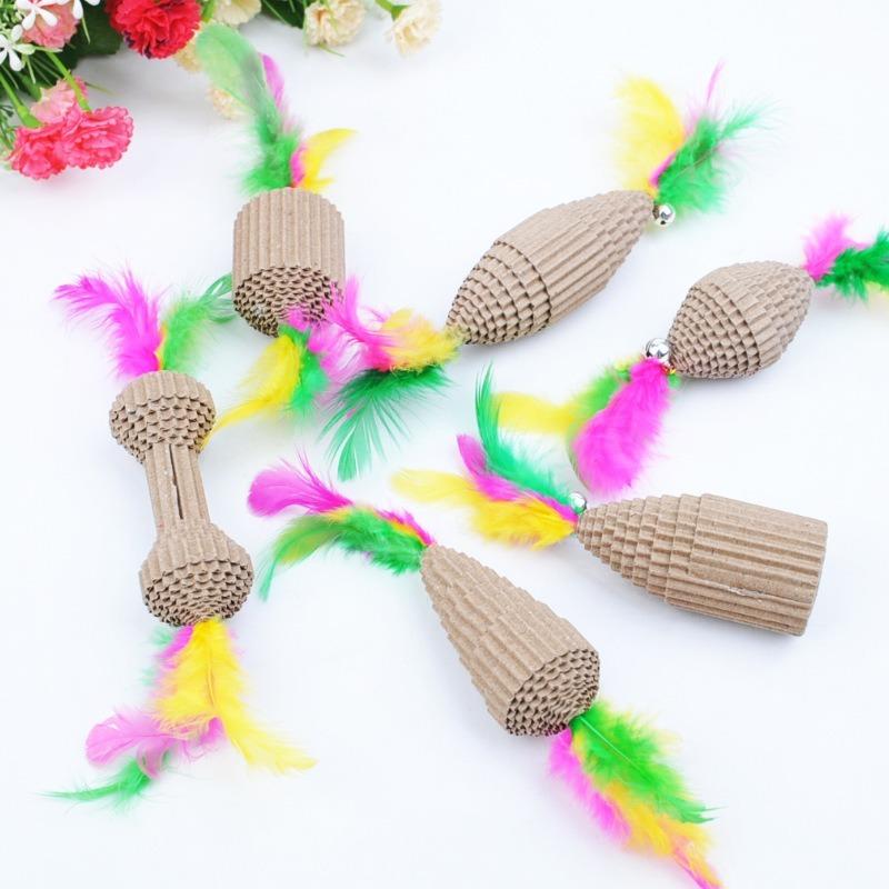 New Pet Cat Bell Feather Dumbbell Fun Cat Stick Toy Eco-friendly Corrugated Claw Grinding Toy