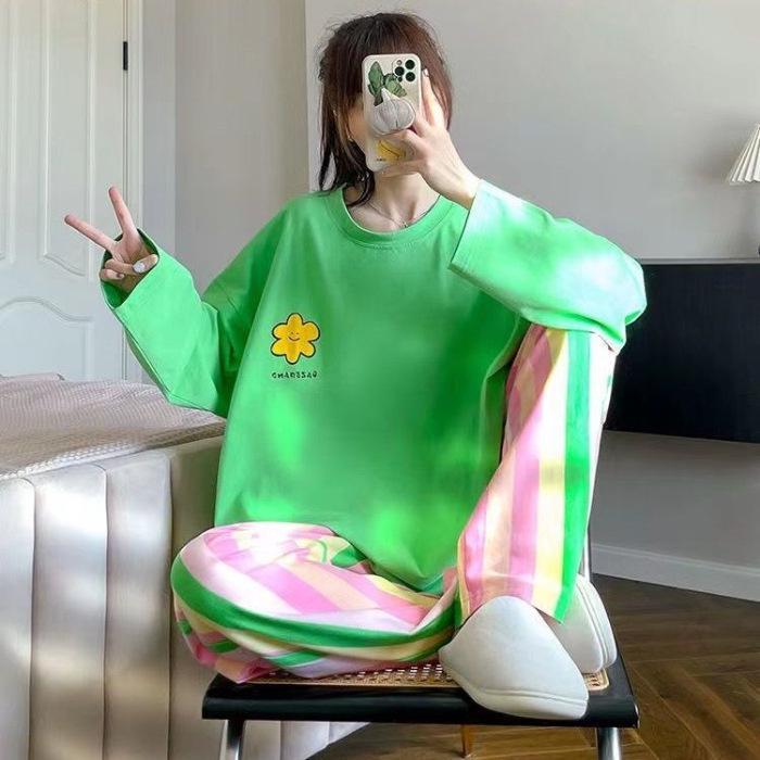 Women s Plus Size Cartoon Pajama Set - Long Sleeve, Spring & Autumn, Imitation Cotton, Pure Cotton, Loose Fit M, L