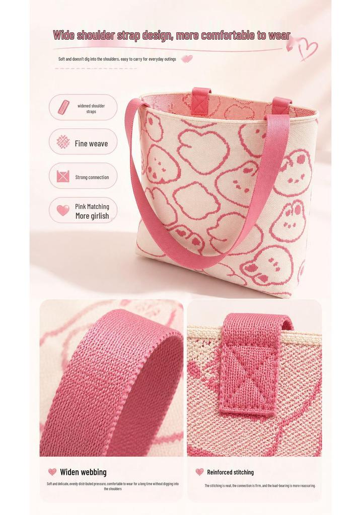 Large Capacity Sweet Cartoon Rabbit Knit Tote Handbag for Students