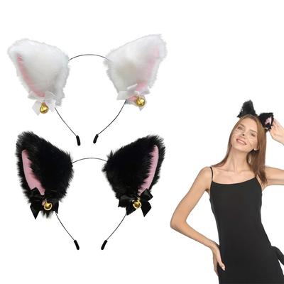 Perakpapa Cat Ear Headband with Bell & Ribbon, Black and White Cat Costume Hair Accessory, Fluffy, Cosplay Prop for Halloween, School Festivals, and