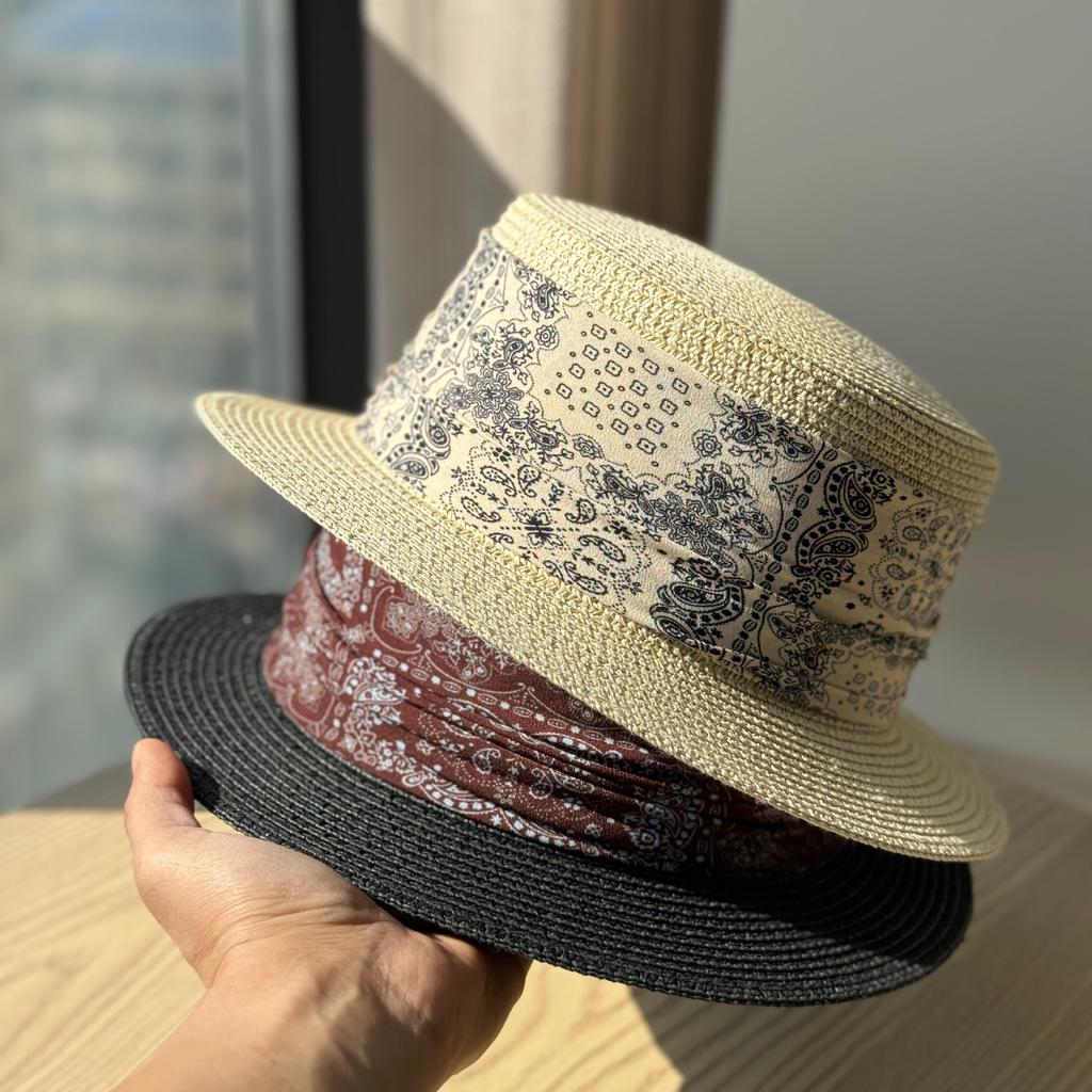 Elegant Retro Straw Hat Women's Summer Sun Protection Hat Printed Sun Hat Vacation Straw Top Hat