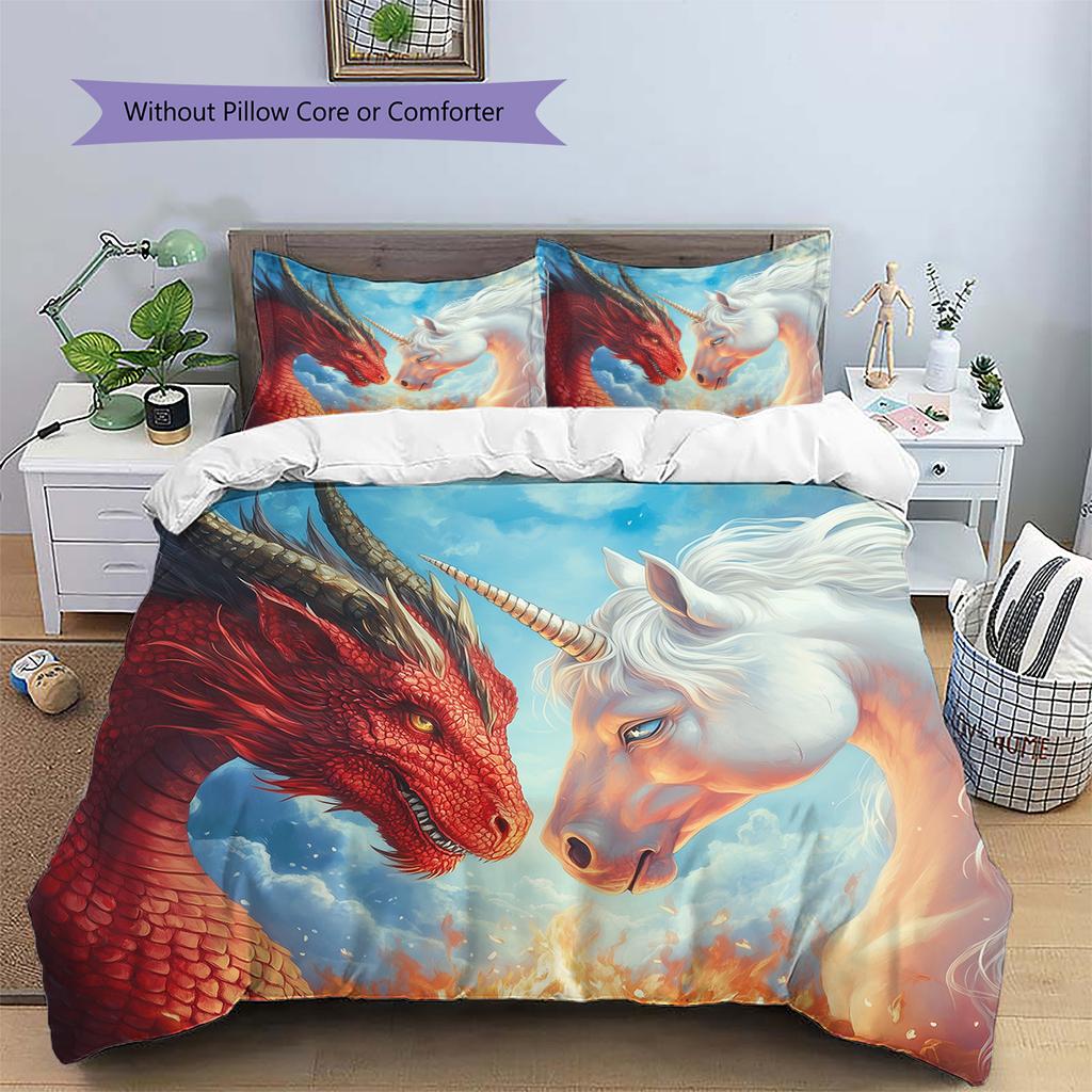 Dragon and unicorn Pattern Bedding Quilt Set Quilt Cover Pillowcase Home Decoration Gift (1 * duvet cover + 2 * pillowcase, without core)