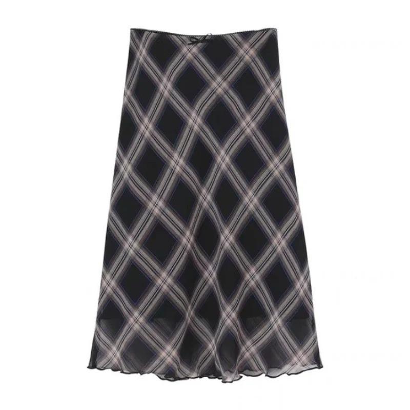 Y2k Vintage Plaid Skirt Women Summer 2024 Korean Style Casual Mesh Print High Waist Slim Midi Skirt Girl 90s Streetwear