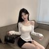 Elegant Off-Shoulder Oblique Collar T-Shirt - Women's Versatile Slim-Fit Top for Autumn and Spring