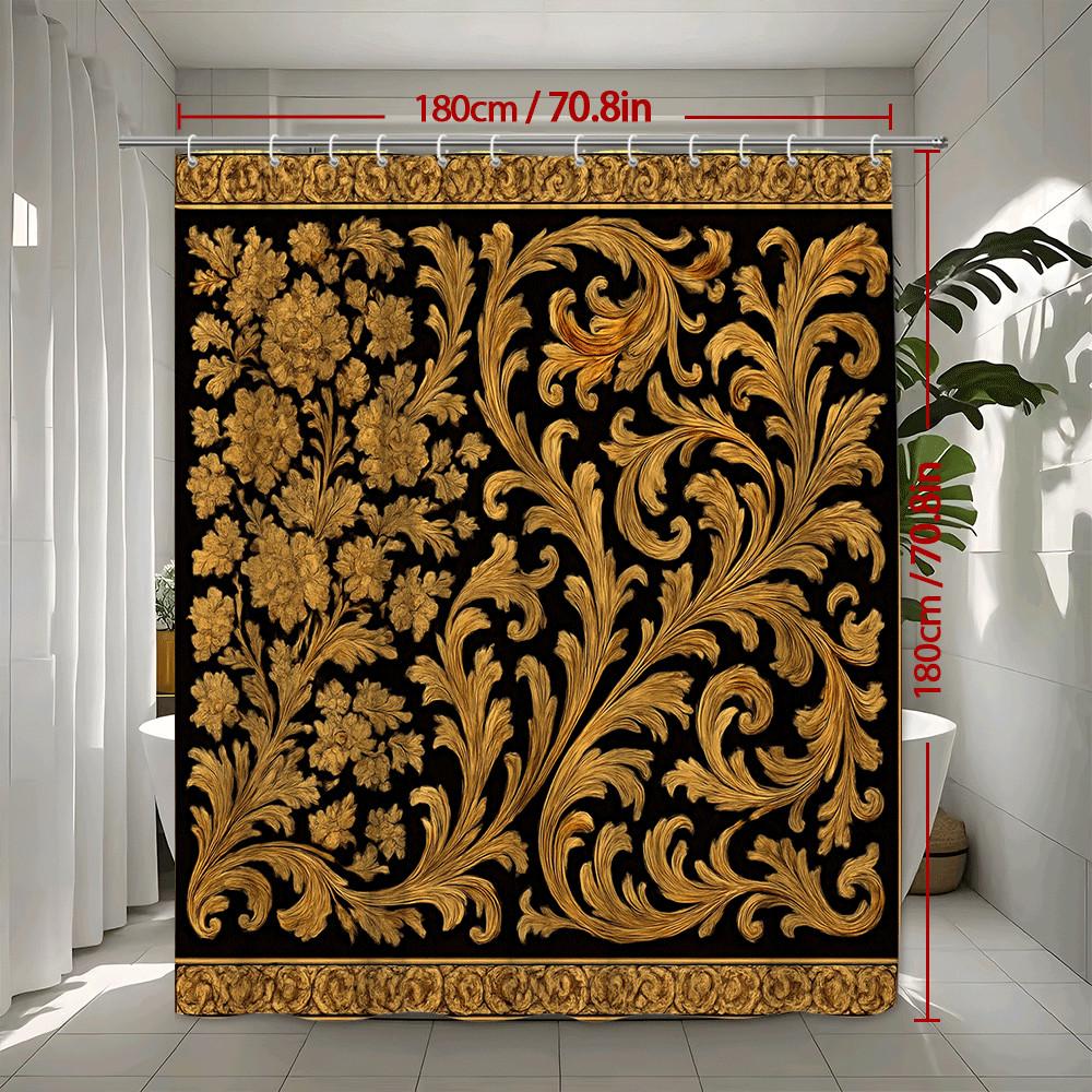 Golden Baroque Floral Shower Curtain Black Background Luxury Ornate Design Royal Palace Style Decor Waterproof Quick Setup