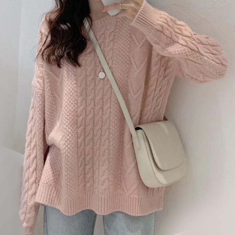 Crew neck retro twist solid color pullover sweater women's autumn and winter new wool bottoming knitted sweater