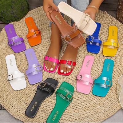 One-word Cool Slippers Women's 2025 Summer New Fashionable Color Transparent Square Buckle Outer Wear Flat Casual Beach Sandals