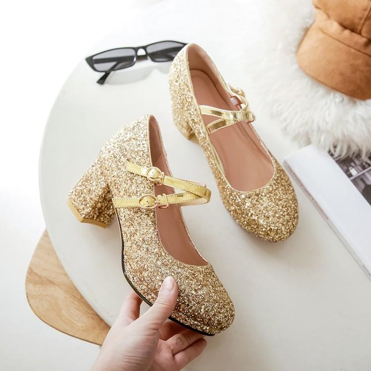 Velikost 33-43 Dámské červené třpytivé zlaté boty na vysokém podpatku, Mary Jane lodičky s dvojitým přezkovým páskem, společenské svatební