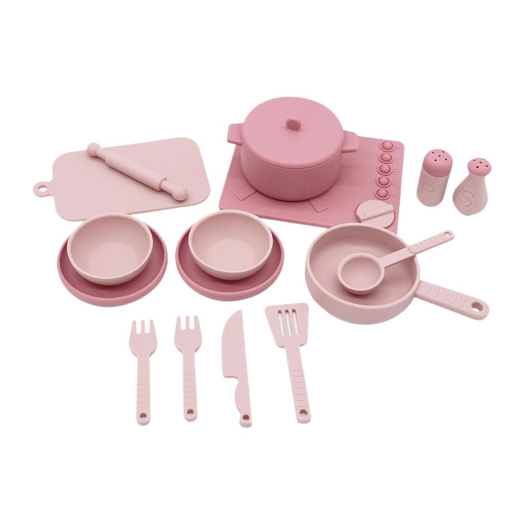 14 Pieces Kitchen Toys Children Cooking Toys Pot and Pan Silicone Playset Children Kitchen Accessories for Kids Boys Girls