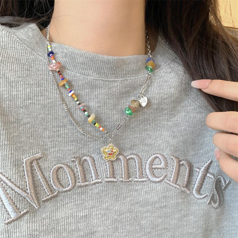 Farbe Dopamin Halskette Titanstahl verblasst nicht Ethnischer Stil Perlen Schmuck Zubehör Damen Smiley Gesicht Anhänger Schlüsselbein Kette Damen