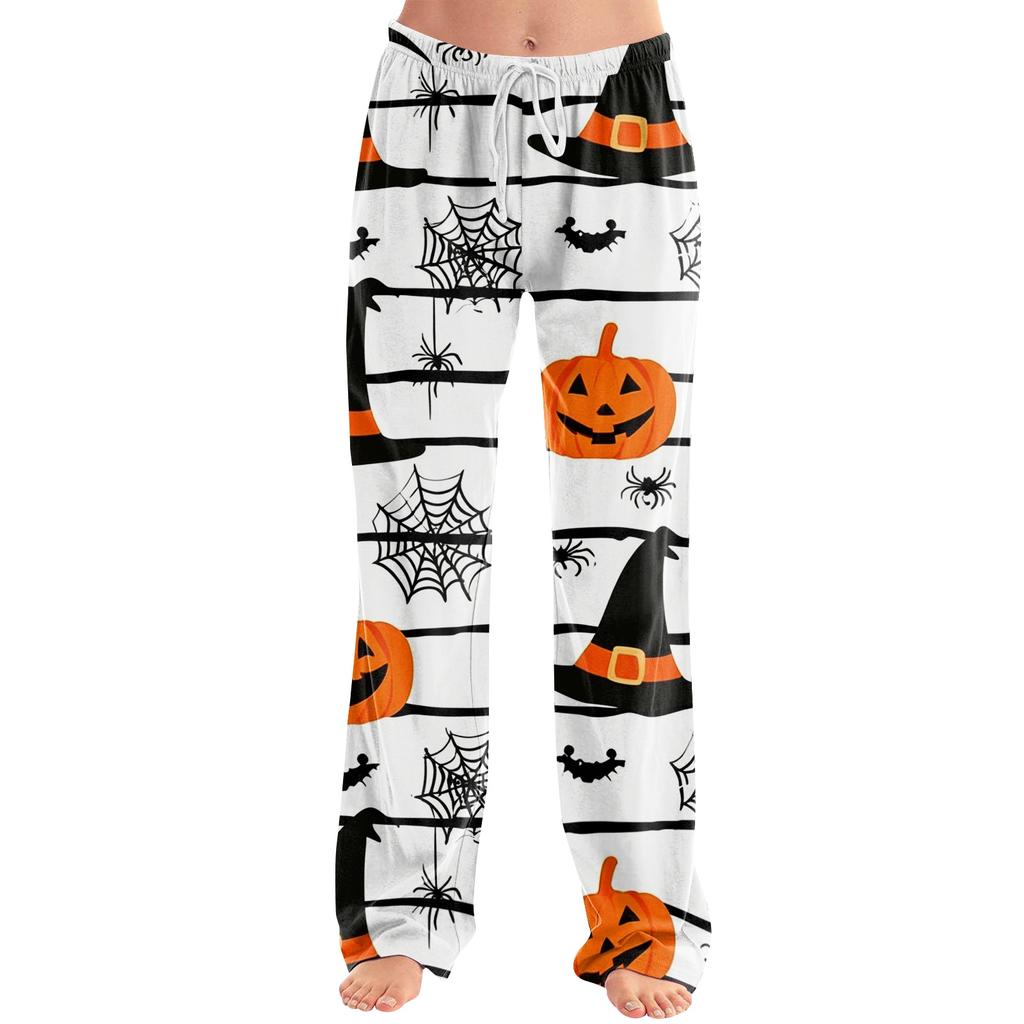 Damen Halloween Print Kordelzug Hose Lässige Lockere Passform Lounge Hose Weicher Leichter Stoff Volle Länge Pyjamahose für den Alltag