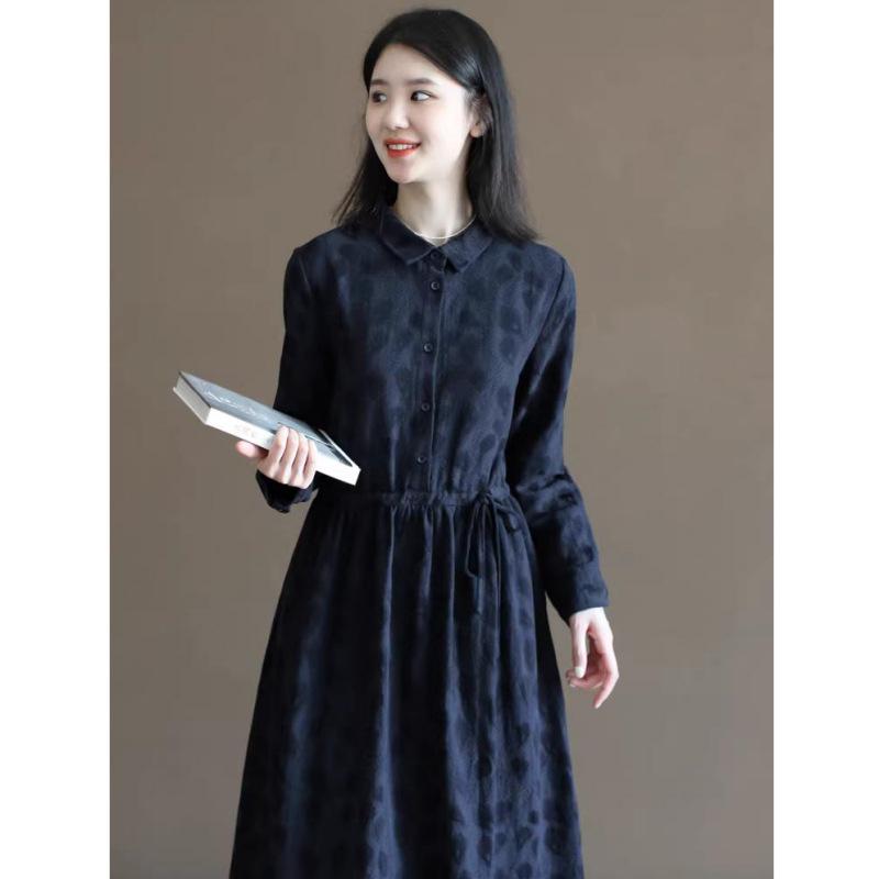 

2026 Spring Mori Style Floral Lace-up Slimming Cotton Linen Long-sleeve Shirt Dress Double Extra Large темно-синього кольору
