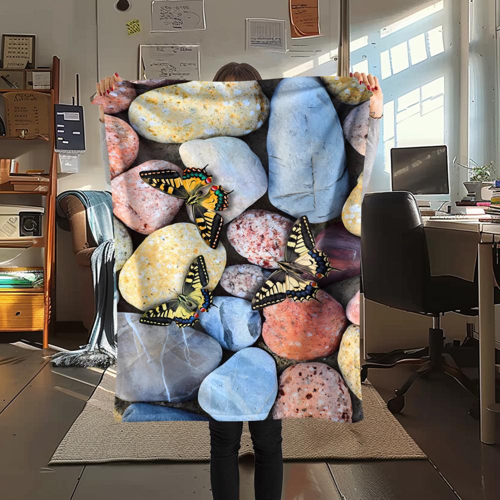 

1Pc Butterfly On Rocks Print Flannel Blanket, High quality Comfortable for All Seasons, Home Decor, Warmth and Comfort, Perfect for Christmas Gifts 80cm x 120cm