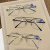Retro Double-Bridge Square-Frame Presbyopia Glasses Stylish Metal Half-Frame Blue Light Blocking Reading Glasses Men Goggles