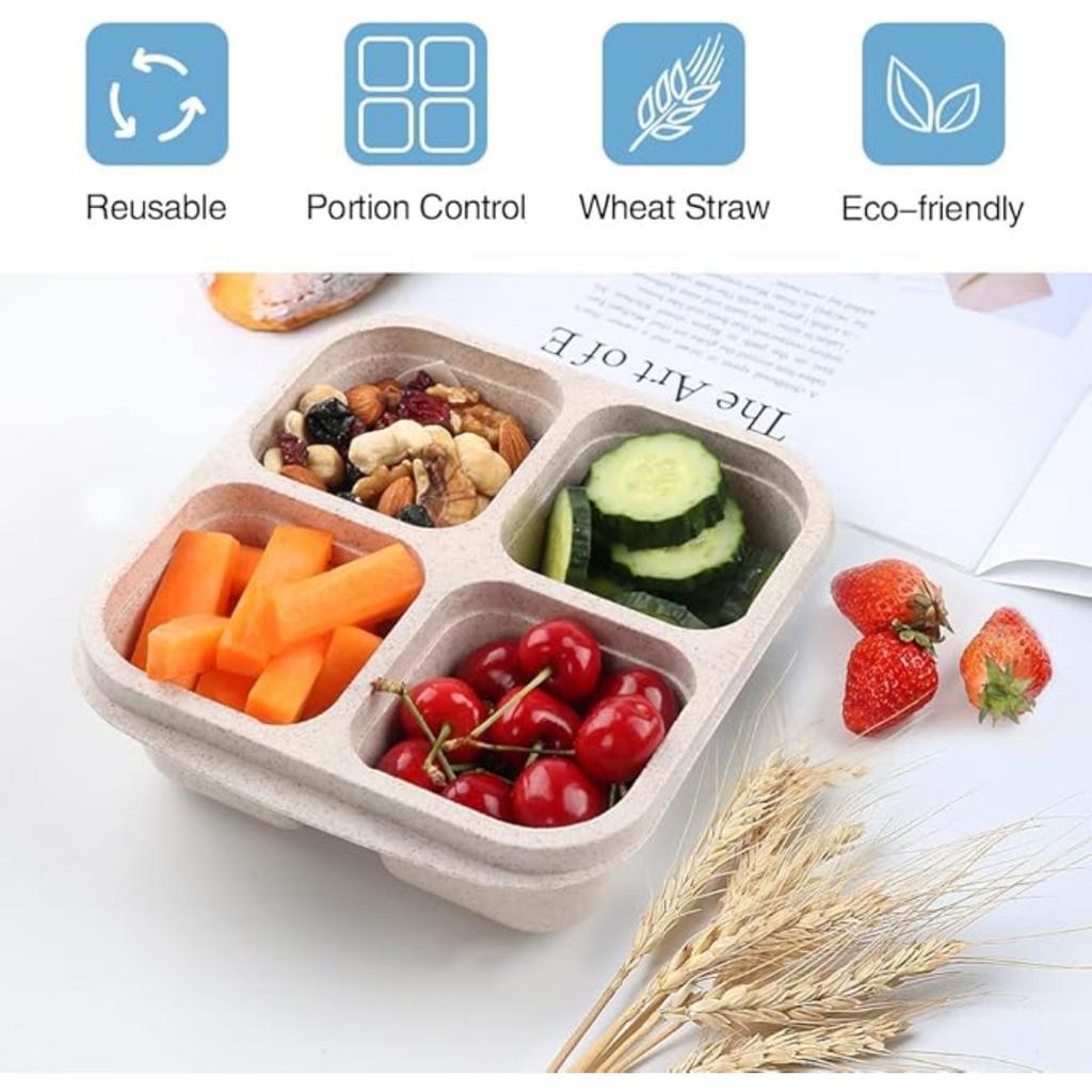 4 Pack Snack Containers, 4 Compartments Bento Snack Box, Reusable Meal Prep Lunch Containers Divided Food Storage Containers for School Work Travel