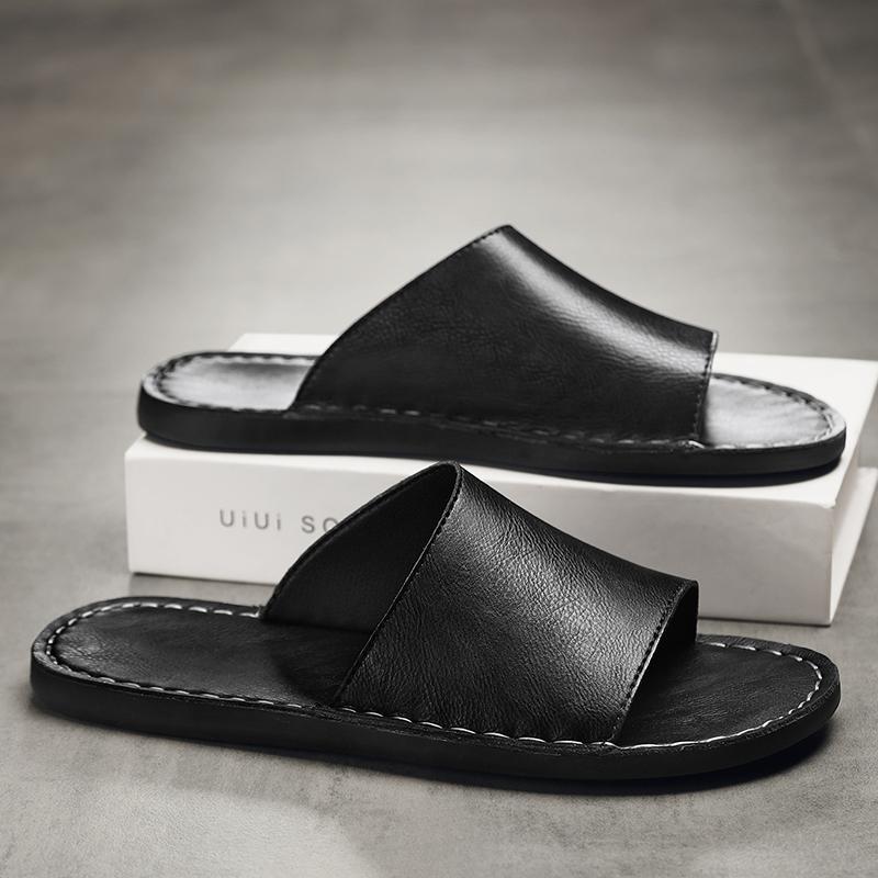 Fashion Men Genuine Leather Slipper Homes In Indoor Slipper Summer Open Toe Sandal Comfy Antiskid Soft Bottom Casual Walking Shoe