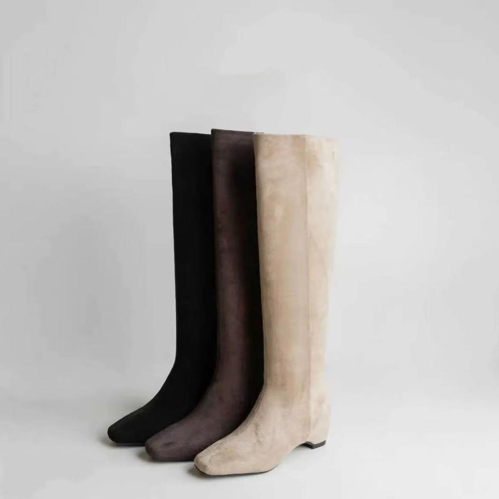 Cowhide version~ inner height increase 5cm French retro square head boots women's thick heel versatile fashion thin boots and knee boots