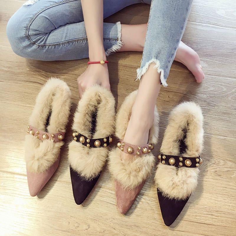 Gentle daily evening wind outside wear a pedal pointed single shoes Mao Mao shoes night thick heel