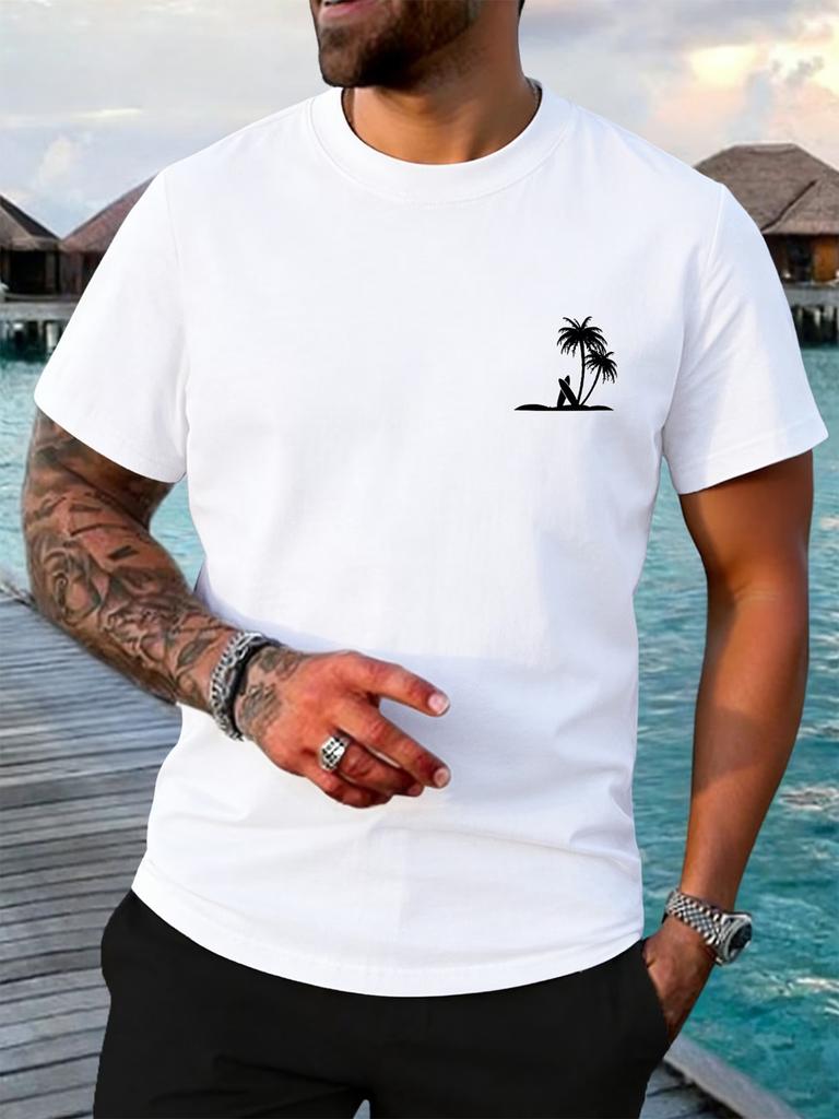 Chest Surf Palm Island Tiny Print Unisexs Crew Neck Short Sleeve Beach Vacation Casual Basic Summer Soft Daily Comfort Tee Shirt
