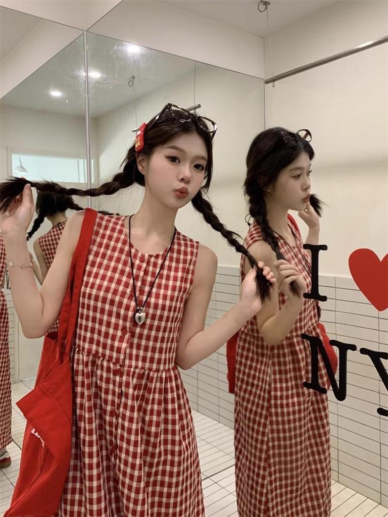 Women's Sweet & Spicy Red Plaid Sleeveless Tank Dress - Spring 2025 Collection, Loose Fit, Single-Breasted, Long Lazy Style
