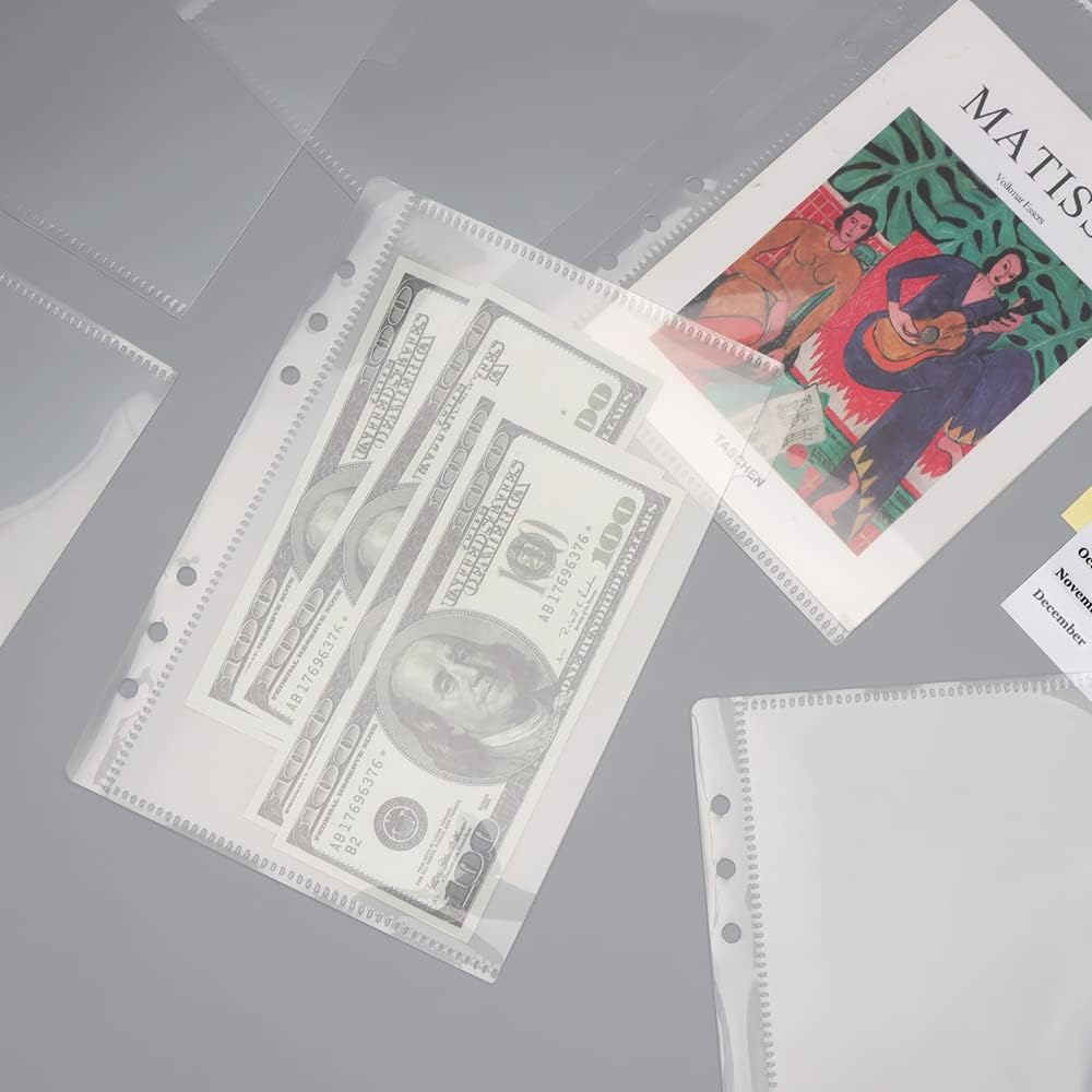 12PCS A5 Binder Pockets Clear Binder Dividers with Pockets and Tabs Cash Envelopes for 6-Ring Budget Binder Loose-Leaf Pockets Dividers with 2PCS