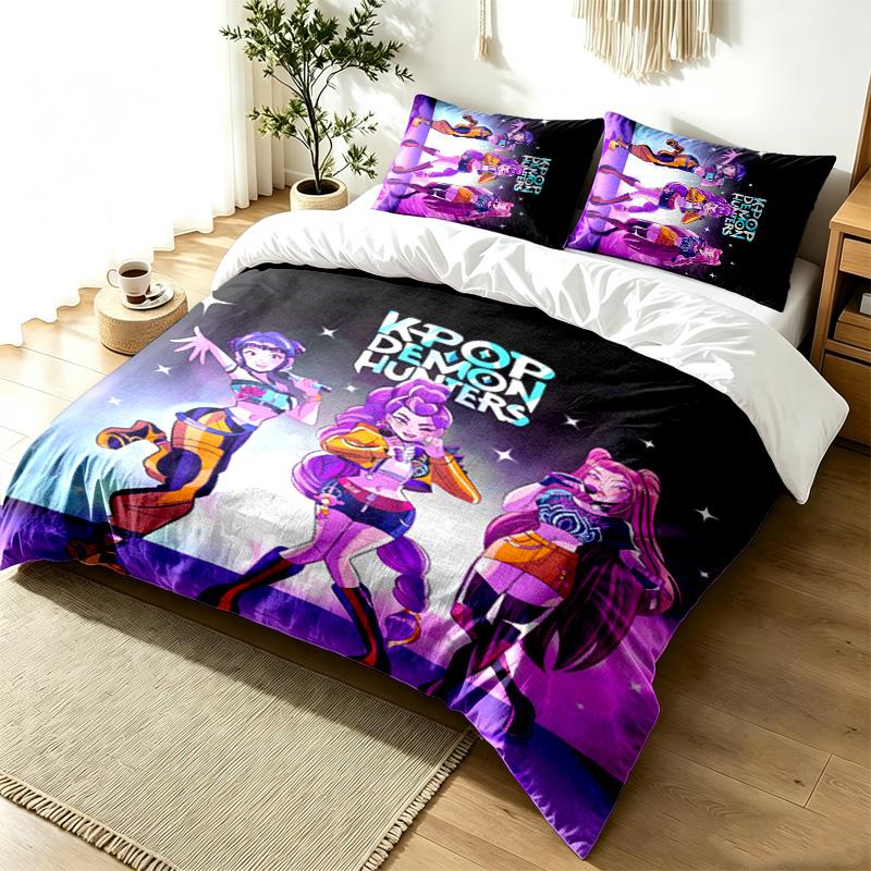 Set lenjerie de pat Kpop demon hunters 3 piese Cearșaf de pilotă Set simplu modern Rezistent la șifonare Material moale Utilizare pe tot parcursul anului un cadou perfect