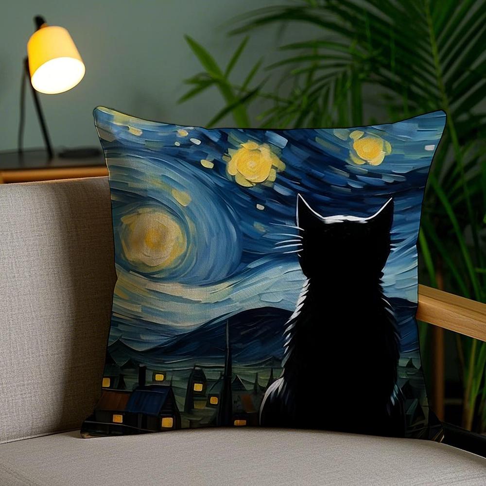Black Cat Cushion Cover Soft Short Plush Double-Sided Printing Home Decor Machine Washable Pillow Case Gift