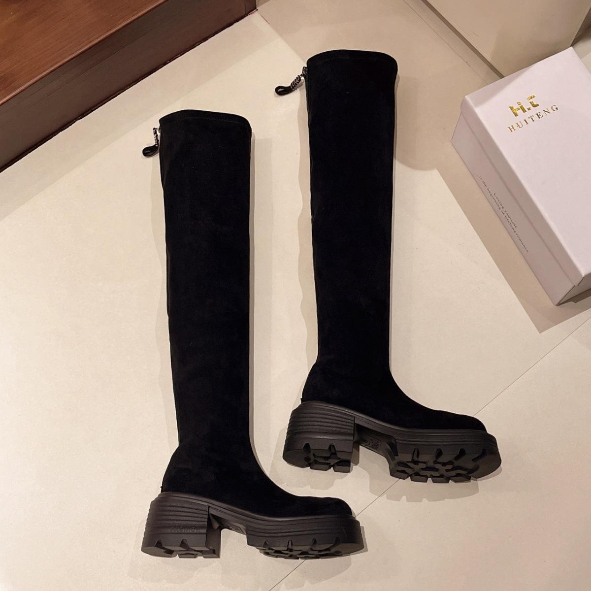 

Эластичные сапоги ретро замшевые сапоги осень и зима новые модели но колено тонкие продвинутые тонкие эластичные сапоги увеличенная высота 35 чёрный