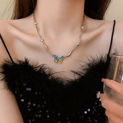 GemChic Women's Titanium Steel Dazzling Butterfly Diamond Mosaic Necklace Clavicle Chain Fashion Match Birthday Christmas Jewelry Gift