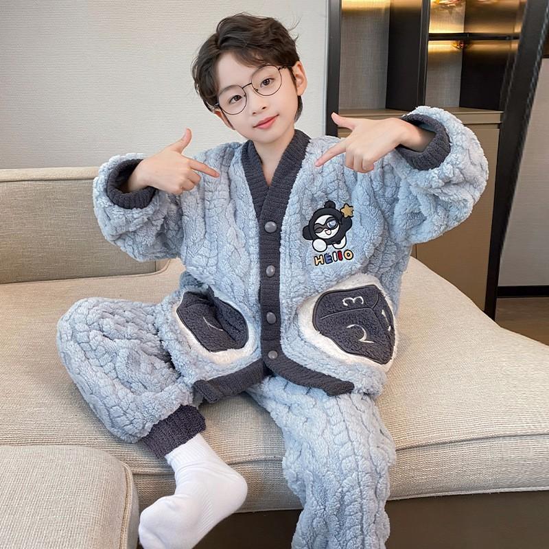 Boys Winter Warm Fleece Pajama Set With Zipper Collar Cartoon Print Long Sleeve Sleepwear Ages 8-14