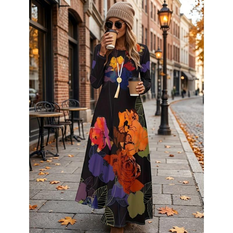 Elegant Women's Long-Sleeve Maxi Dress, Round Neck Long-Sleeve Dress, Printed Fabric, for Home, Vacation, and Commuting, Soft and Breathable Fabric