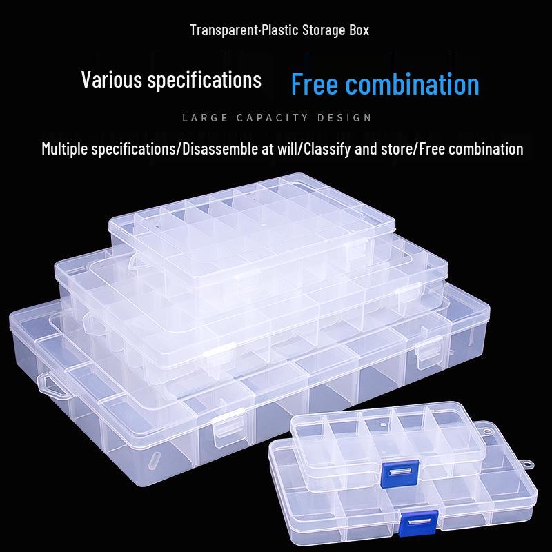 Removable Transparent Plastic Storage Box with 10, 15, 24, or 36 Grids for Tools, Parts, or Jewelry
