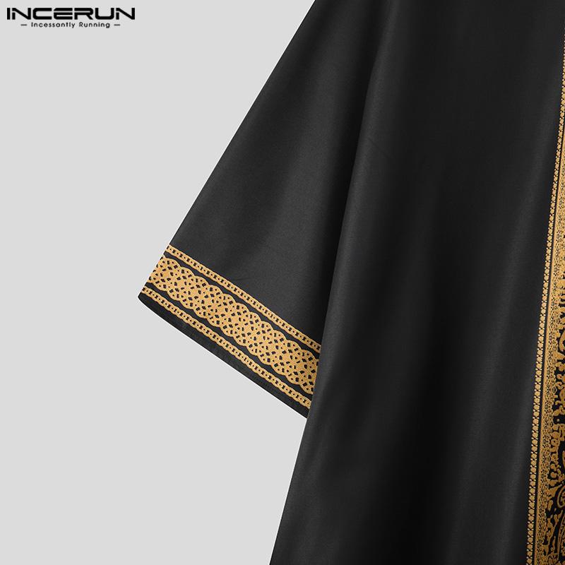 INCERUN Men Deep V Neck 3/4 Sleeve Floral Print Casual Loose Long Robes Tunic Tops